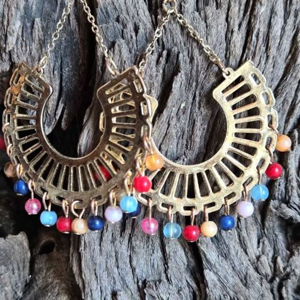 Boho Gold Tone Crescent Statement Earrings | Colorful Beaded Fringe